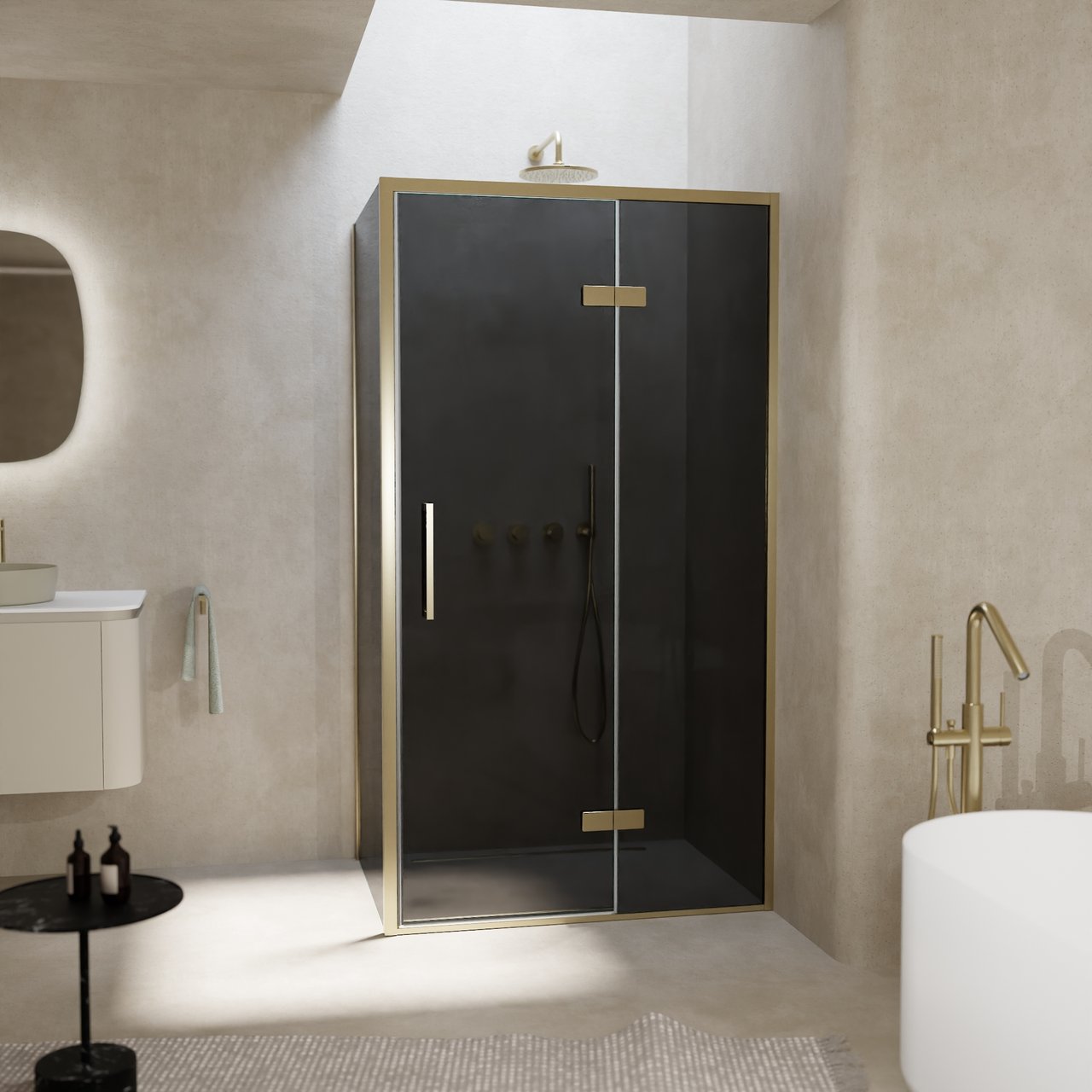 Balmani Senses Design douche en coin avec porte pivotante à droite et paroi latérale fixe, 100 x 100 cm, Verre fumé, Profil Brushed Champagne Gold, coating inclus