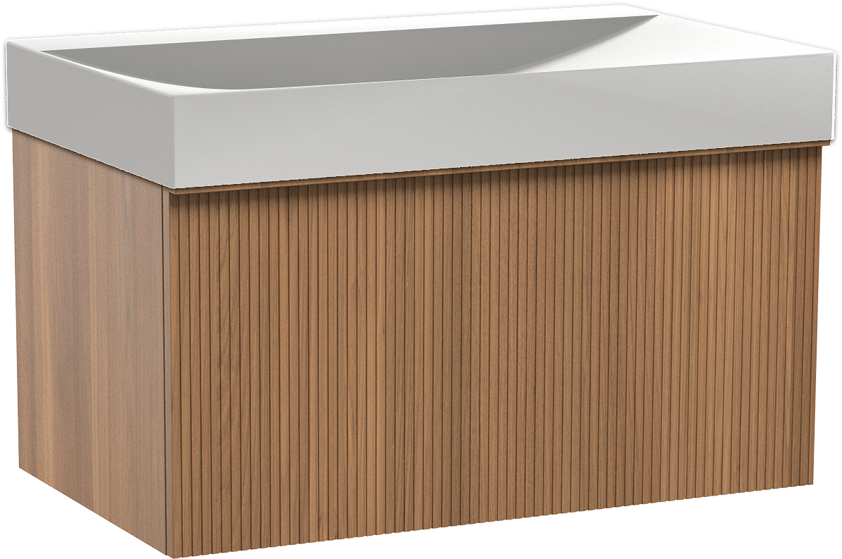 Balmani Forma zwevend badkamermeubel 90 x 55 cm teak met Wave enkele wastafel in solid surface mat wit, Verticale symmetrische rechte ribbel