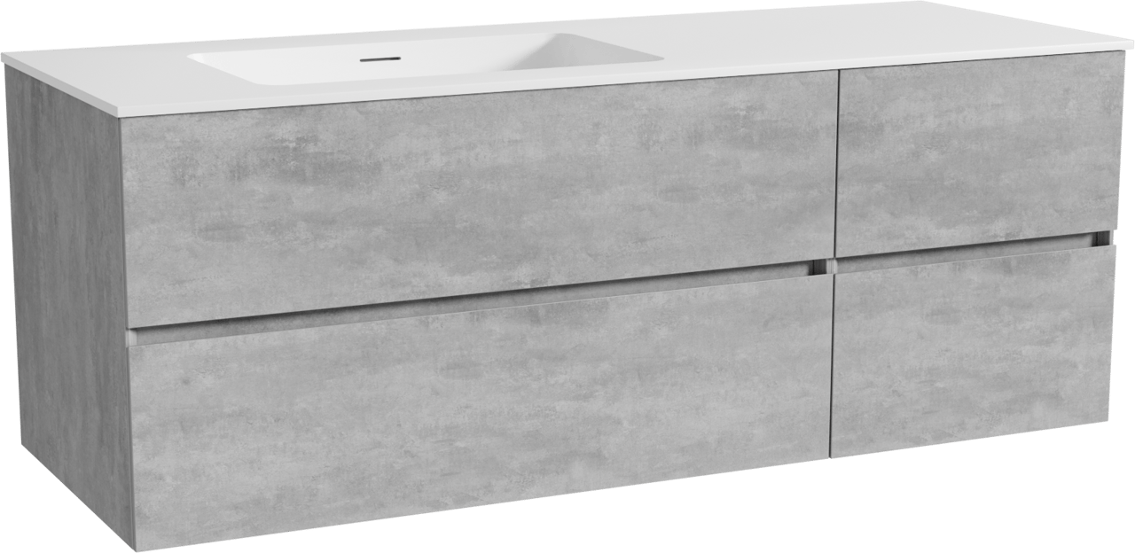 Storke Edge zwevend badmeubel 140 x 52 cm beton donkergrijs met Mata asymmetrisch linkse wastafel in solid surface mat wit