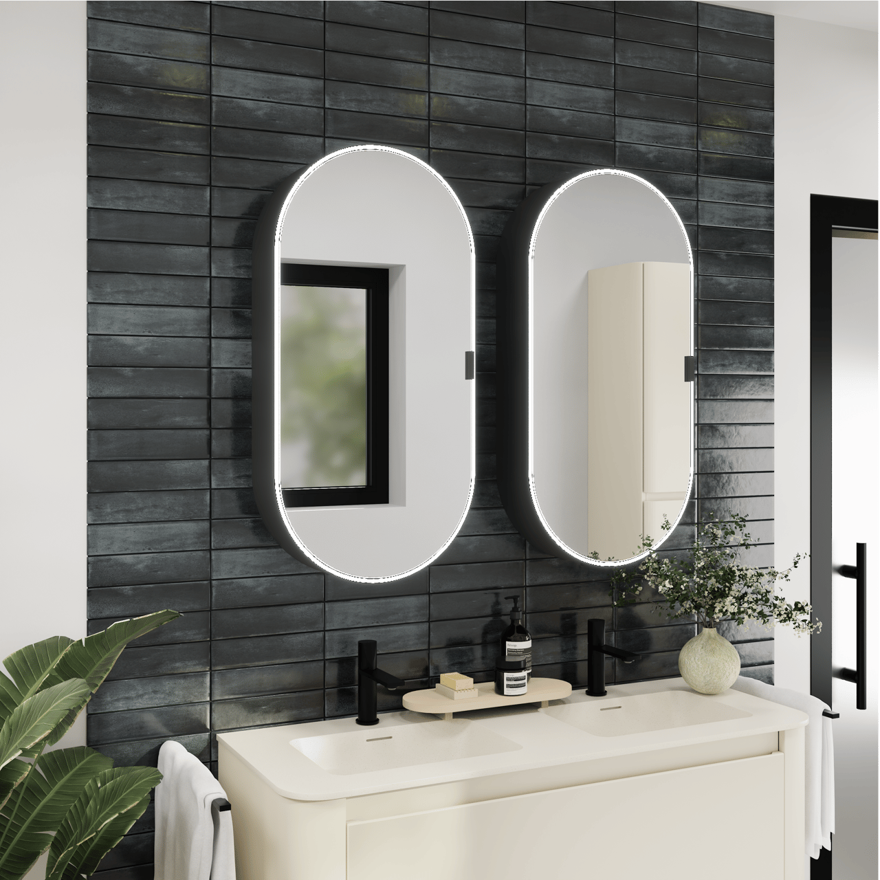Luca Varess Oval spiegelkast ovaal 45 x 90 cm mat zwart met spiegelverlichting