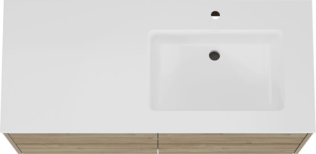 Storke Seda zwevend badkamermeubel 120 x 52 cm ruwe eik met Bilia asymmetrisch rechtse wastafel in composietmarmer glanzend wit