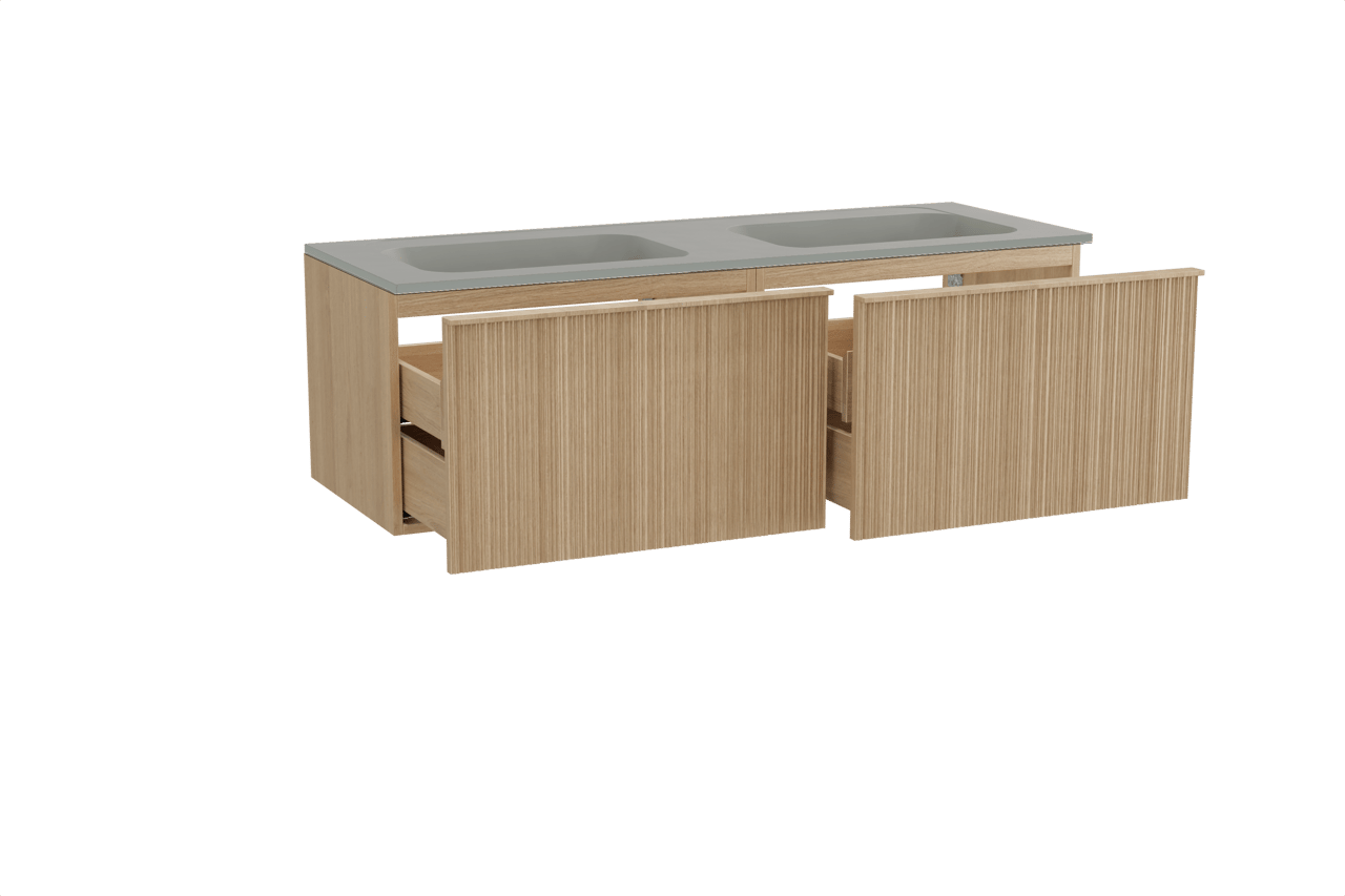 Balmani Forma zwevend badkamermeubel 150 x 55 cm natuur eik met Tablo Strada dubbele wastafel in composietmarmer zijdegrijs, Verticale asymmetrische ronde ribbel