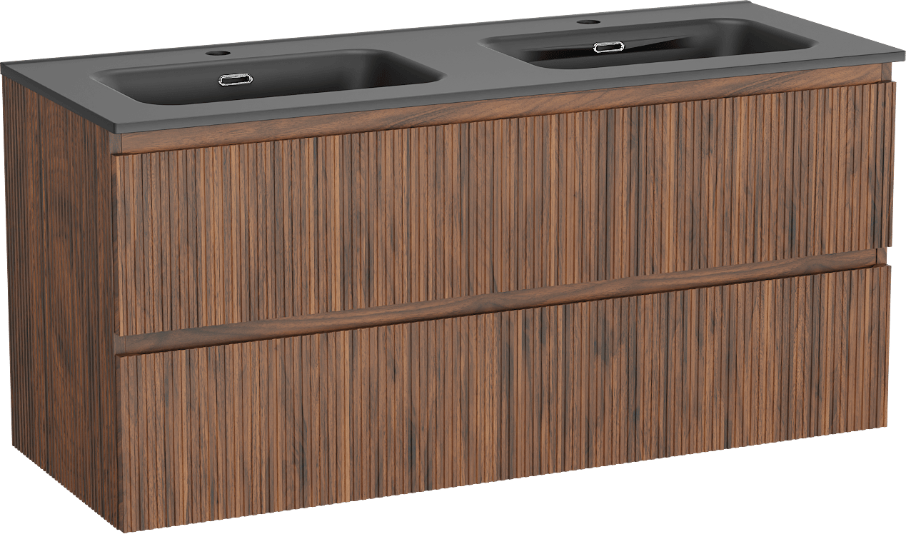Linie Lado Ribs meuble salle de bains suspendu 120 x 46 cm noyer avec Baro double vasque en porcelaine noir mat, Nervure droite symétrique verticale