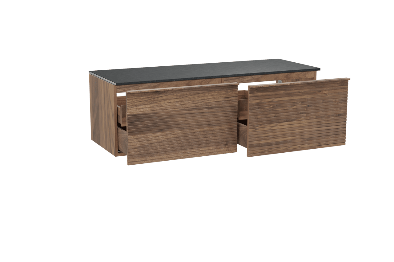 Balmani Forma zwevend badmeubel 150 x 55 cm amerikaans notenhout met Stretto enkel of dubbel wastafelblad in zwart graniet, Horizontale symmetrische rechte ribbel