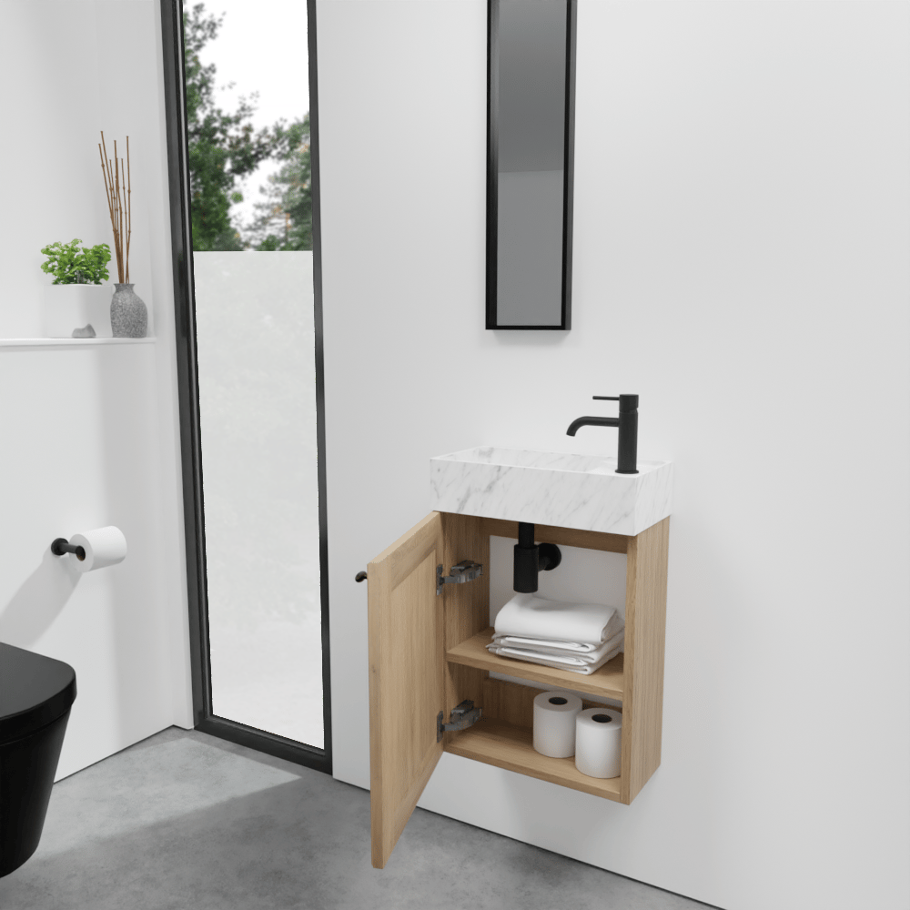 Balmani Lemon zwevend toiletmeubel 42 x 21 cm verweerde eik met Dama wastafel in Carrara marmer