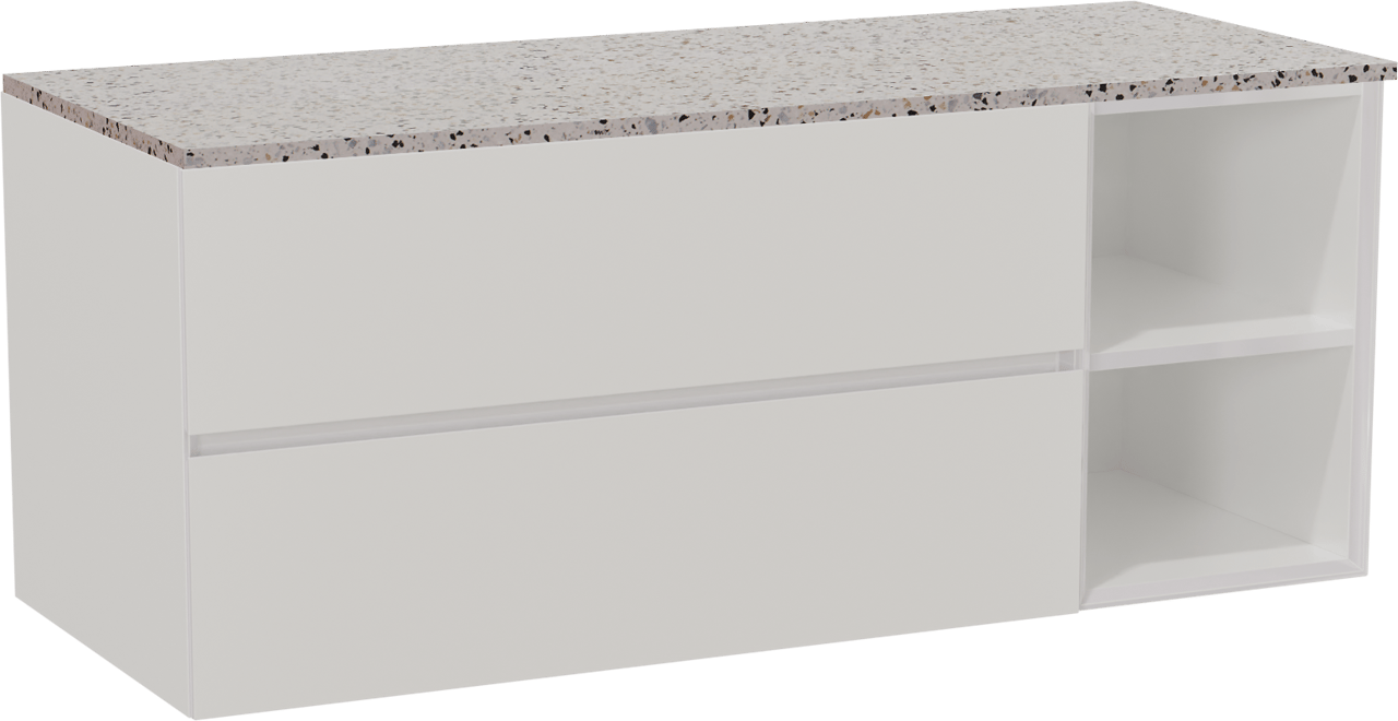 Storke Edge hängendes Möbelstück Set: 130 x 52 cm, Weiß glänzend, mit Tavola Einzel- oder Doppel Waschtischplatte, Terrazzo in Weiß/Schwarz matt