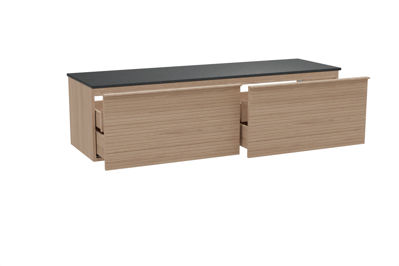 Balmani Forma zwevend badmeubel 180 x 55 cm naturel eiken met Stretto enkel of dubbel wastafelblad in zwart graniet, Horizontale symmetrische rechte ribbel