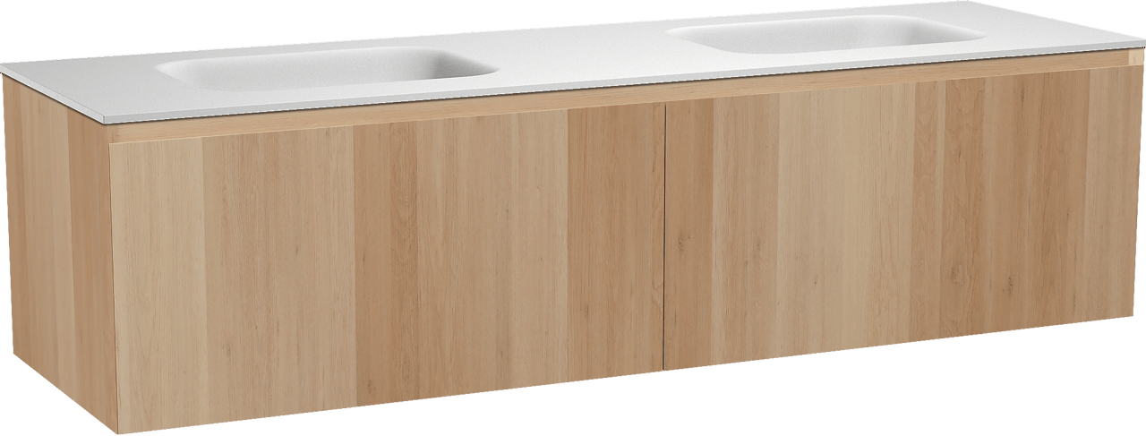 Balmani Idra by Mitra hängendes Möbelstück Set: 180 x 55 cm, Naturbelassene Eiche, mit Tablo Arcato Doppelwaschtisch, Solid Surface Weiß matt