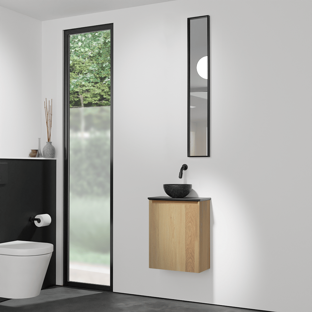 Balmani Mitra zwevend toiletmeubel 42 x 21 cm natuur eik met Facetta tablet en Bari XS waskom in verzoete graniet