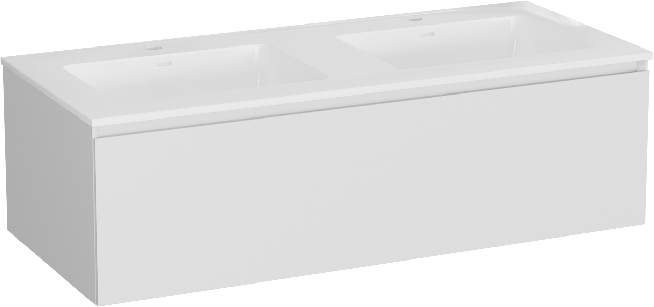 Storke Edge meuble salle de bains suspendu 120 x 52 cm blanc mat avec Bilia double vasque en marbre composite blanc brillant