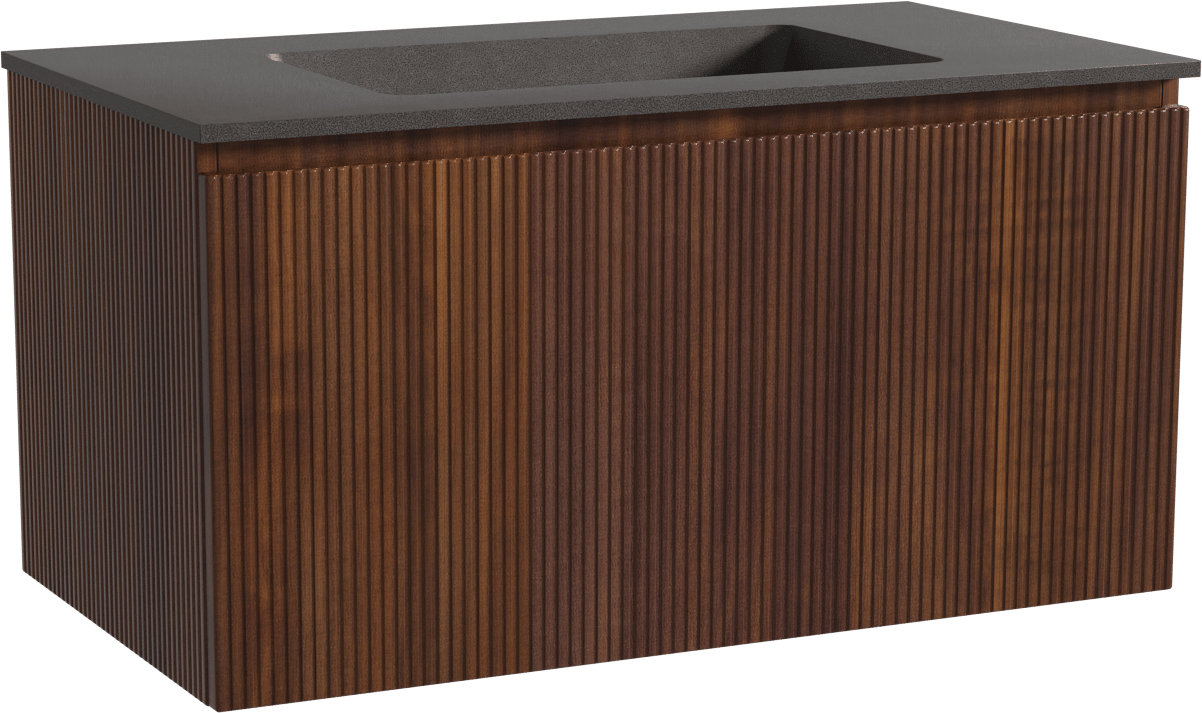 Storke Ribs zwevend badmeubel 95 x 52 cm notenhout met Scuro enkele wastafel in kwarts mat zwart, Verticale symmetrische rechte ribbel