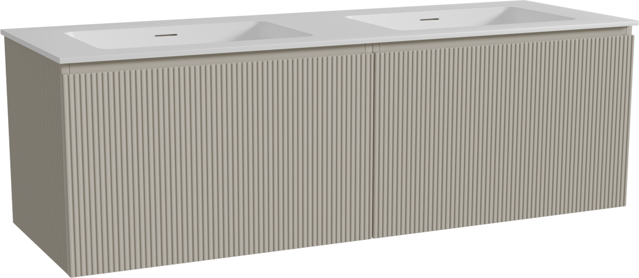 Storke Ribs meuble salle de bains suspendu 150 x 52 cm soie grise avec Mata double vasque en solid surface blanc mat, Nervure droite symétrique verticale