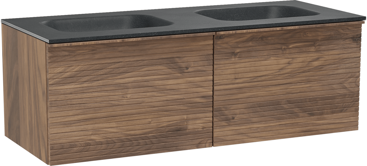 Balmani Forma zwevend badmeubel 135 x 55 cm amerikaans notenhout met Tablo Arcato dubbele wastafel in zwart graniet, Horizontale symmetrische rechte ribbel
