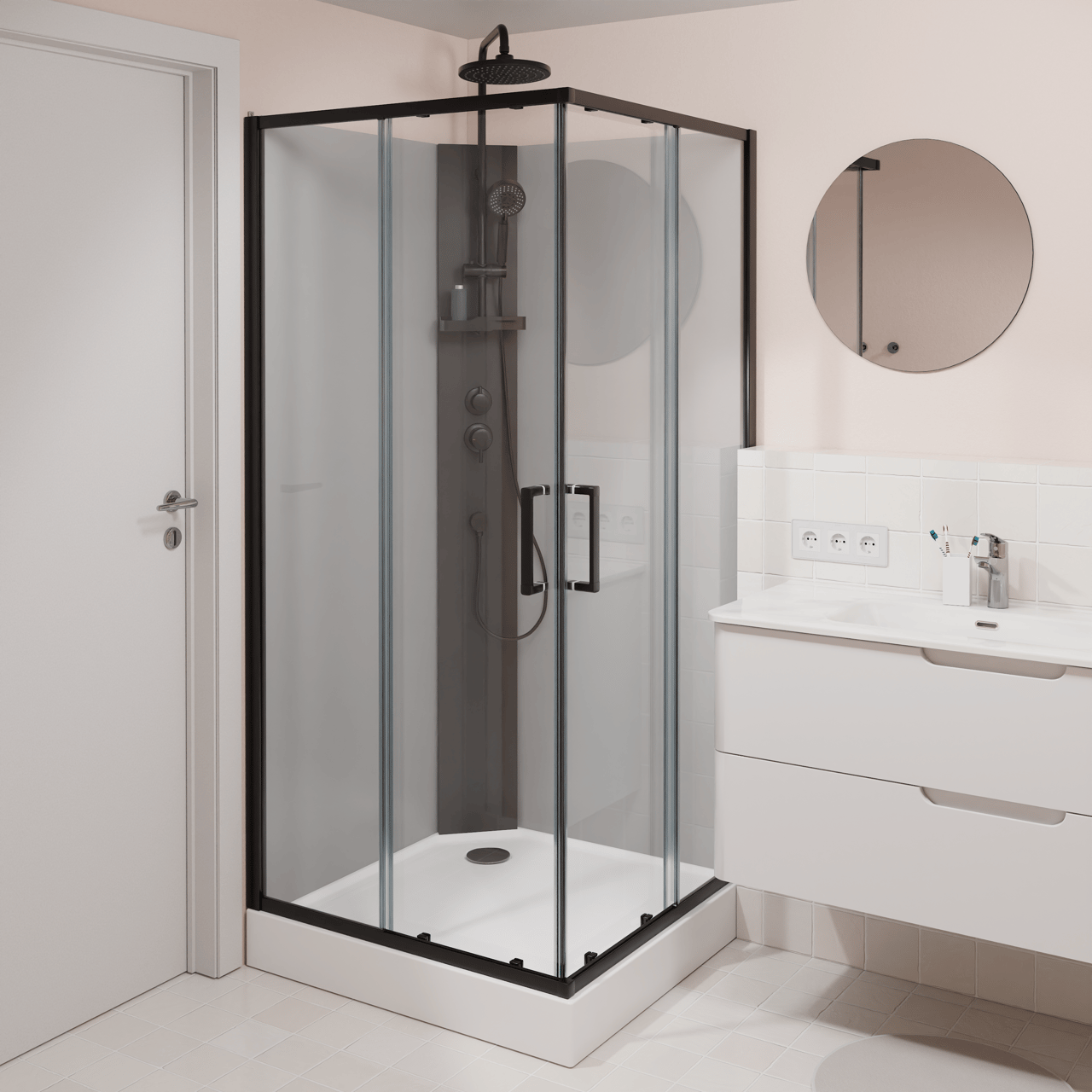 Linie Salta Duschkabine: Schiebetür, 90 x 90 cm, Klarglas, Schwarzes Profil, mit Armatur