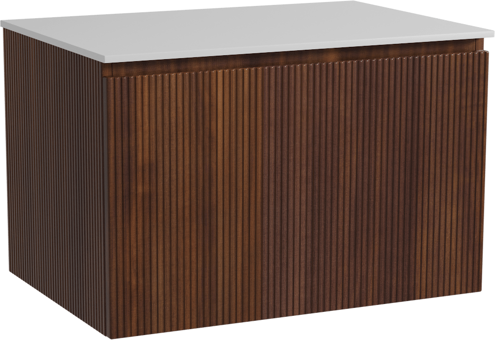 Storke Ribs zwevend badmeubel 75 x 52 cm notenhout met Tavola enkel wastafelblad in solid surface mat wit, Verticale symmetrische rechte ribbel