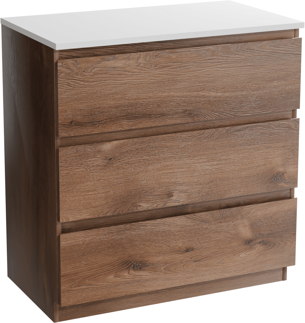 Linie Lado freistehendes Möbelstück Set: 80 x 46 cm, Braune Eiche, mit Lado Einzel Waschtischplatte, Marmorkomposit Weiß matt