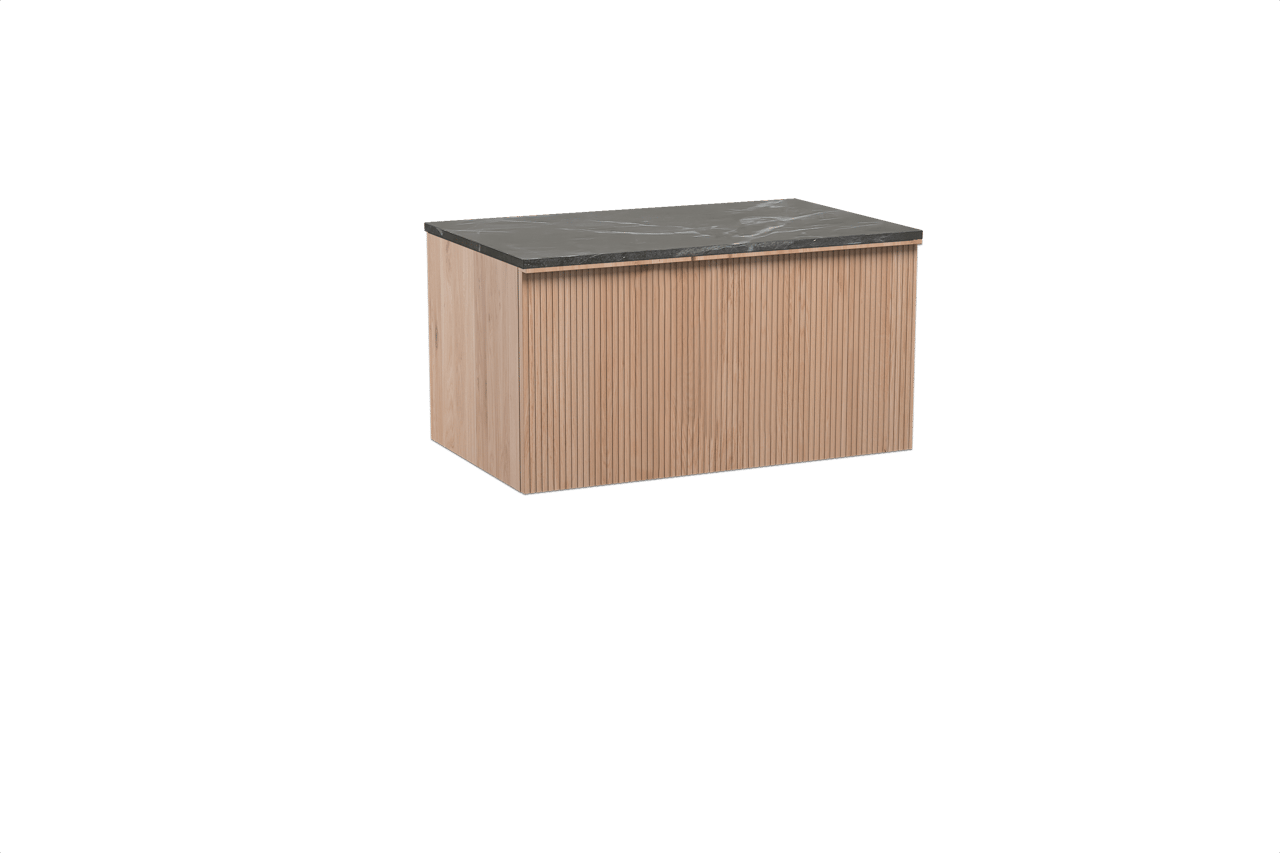 Balmani Forma hängendes Möbelstück Set: 90 x 55 cm, Naturbelassene Eiche, mit Stretto Einzel Waschtischplatte, Marmor, Pietra Grey, Vertikale symmetrische gerade Rippe