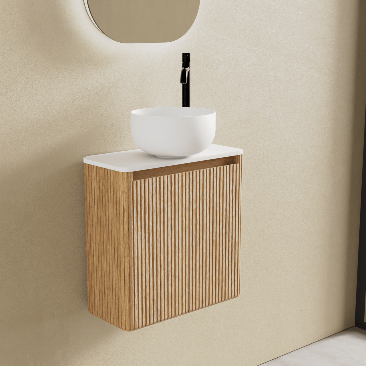 Balmani Fara Ribs meuble wc suspendu 45 x 22 cm chêne naturel avec Fara Stretto tablette et Bowl vasque à poser en Solid Surface mat