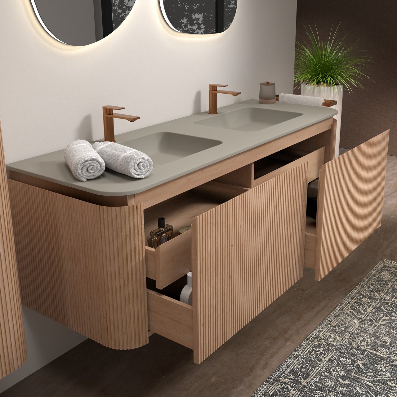 Balmani Moon hängendes Badmöbel Set: 160 x 55 cm, Naturbelassene Eiche, mit Moon Doppelwaschtisch, Top Solid, Seidengrau, Vertikale symmetrische gerade Rippe