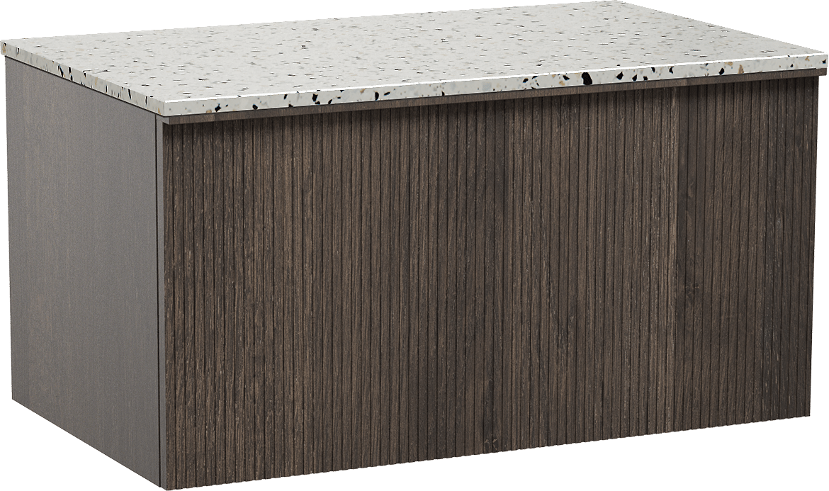 Balmani Forma zwevend badkamermeubel 90 x 55 cm gerookte eik met Stretto enkel tablet in mat wit/zwart terrazzo, Verticale symmetrische rechte ribbel