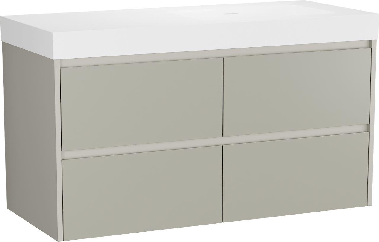 Storke Seda zwevend badkamermeubel 120 x 52 cm zijdegrijs met Mata High asymmetrisch rechtse wastafel in solid surface mat wit