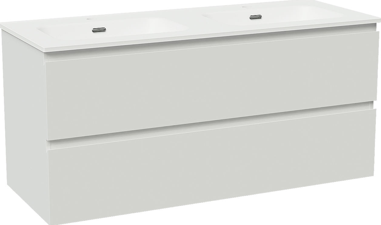 Linie Lado meuble salle de bains suspendu 120 x 46 cm blanc brillant avec Baro double vasque en porcelaine blanc mat