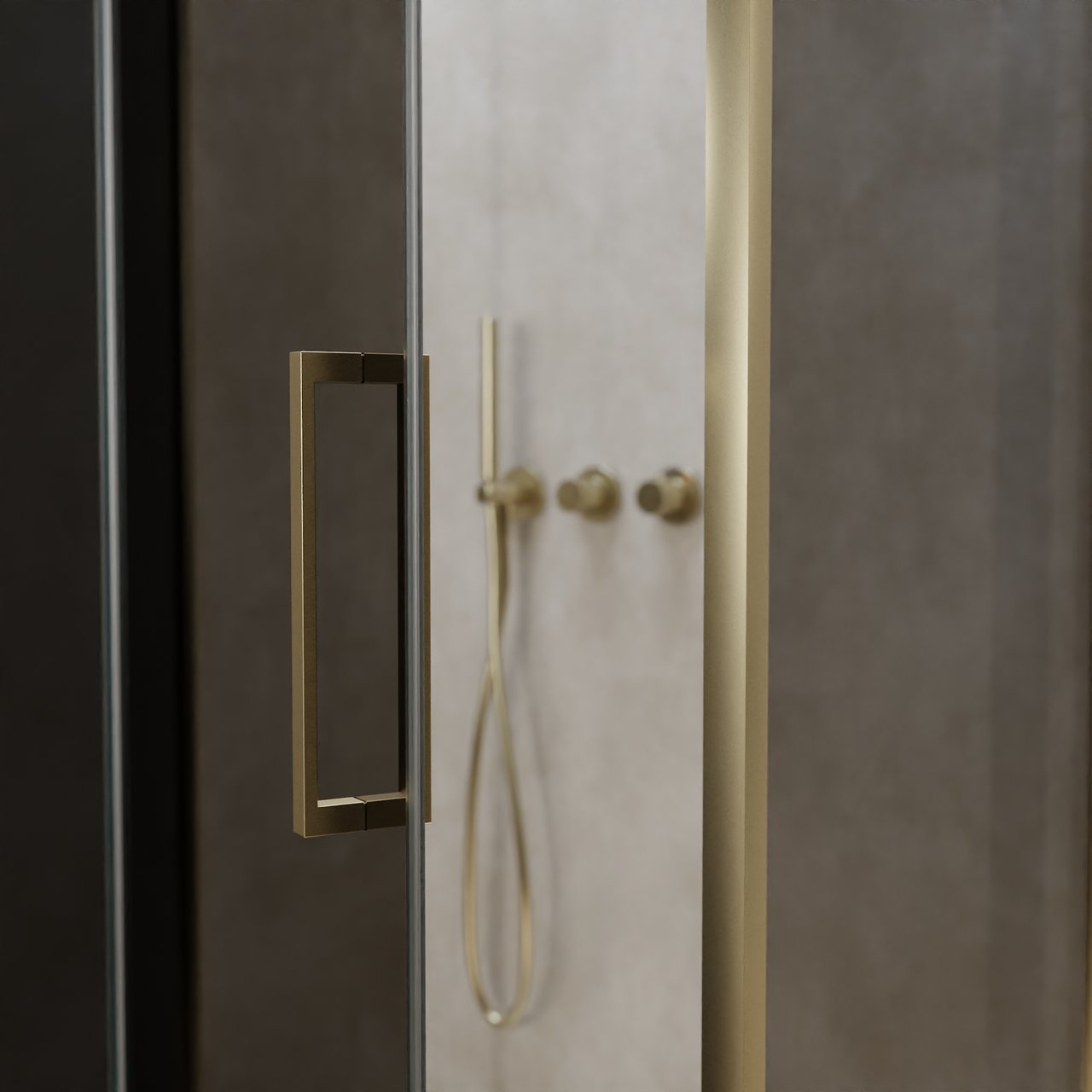 Balmani Senses Design douchehoek met linkse draaideur en vaste zijwand, 100 x 100 cm, Rookglas, Brushed Champagne Gold profielen, met coating