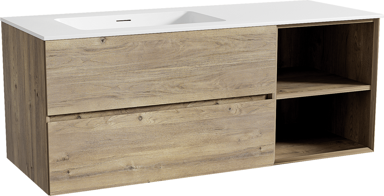 Storke Edge zwevend badkamermeubel 130 x 52 cm ruwe eik met Mata asymmetrisch linkse wastafel in solid surface mat wit