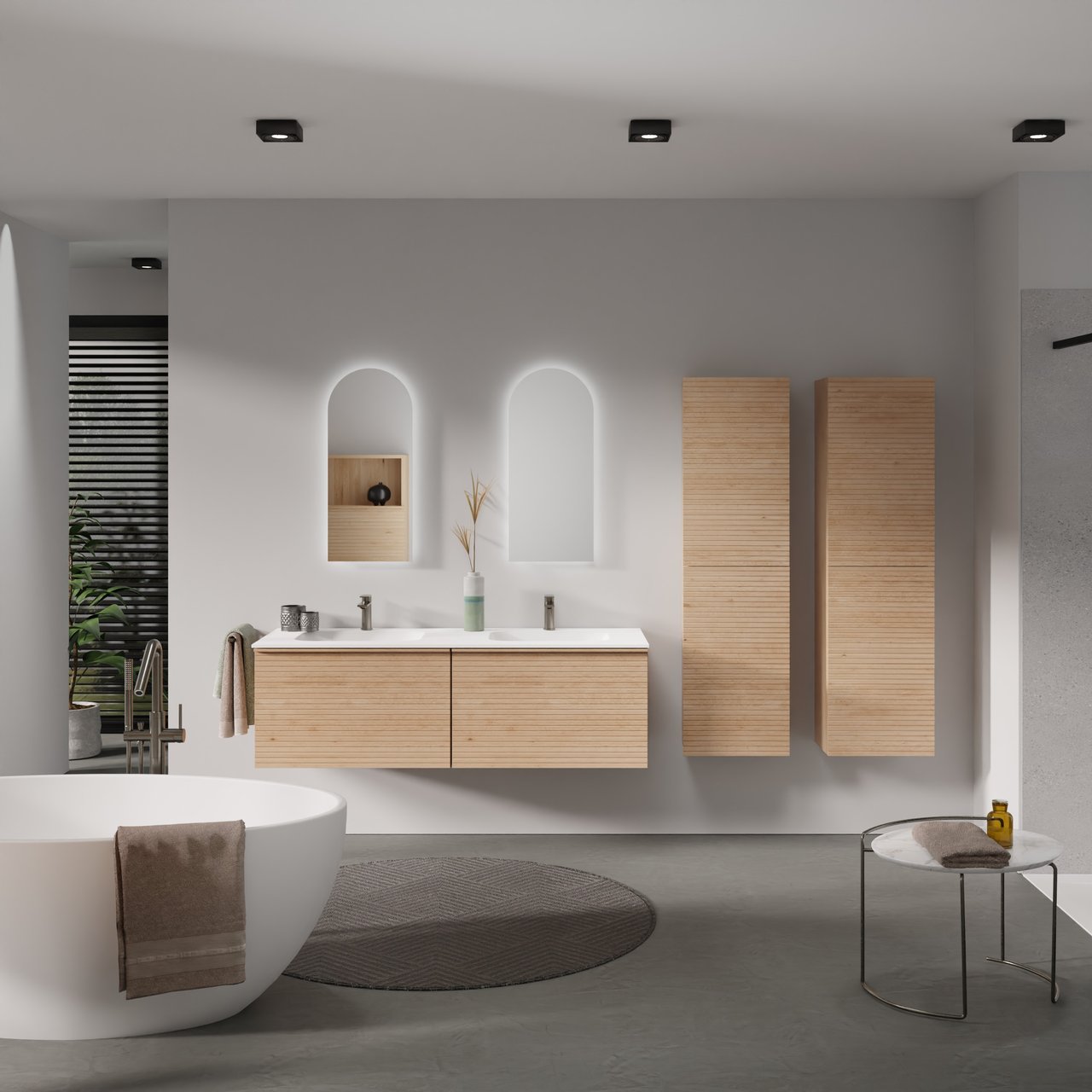 Balmani Forma hängendes Möbelstück Set: 150 x 55 cm, Naturbelassene Eiche, mit Tablo Arcato Doppelwaschtisch, Solid Surface, Weiß matt, Horizontale symmetrische gerade Rippe