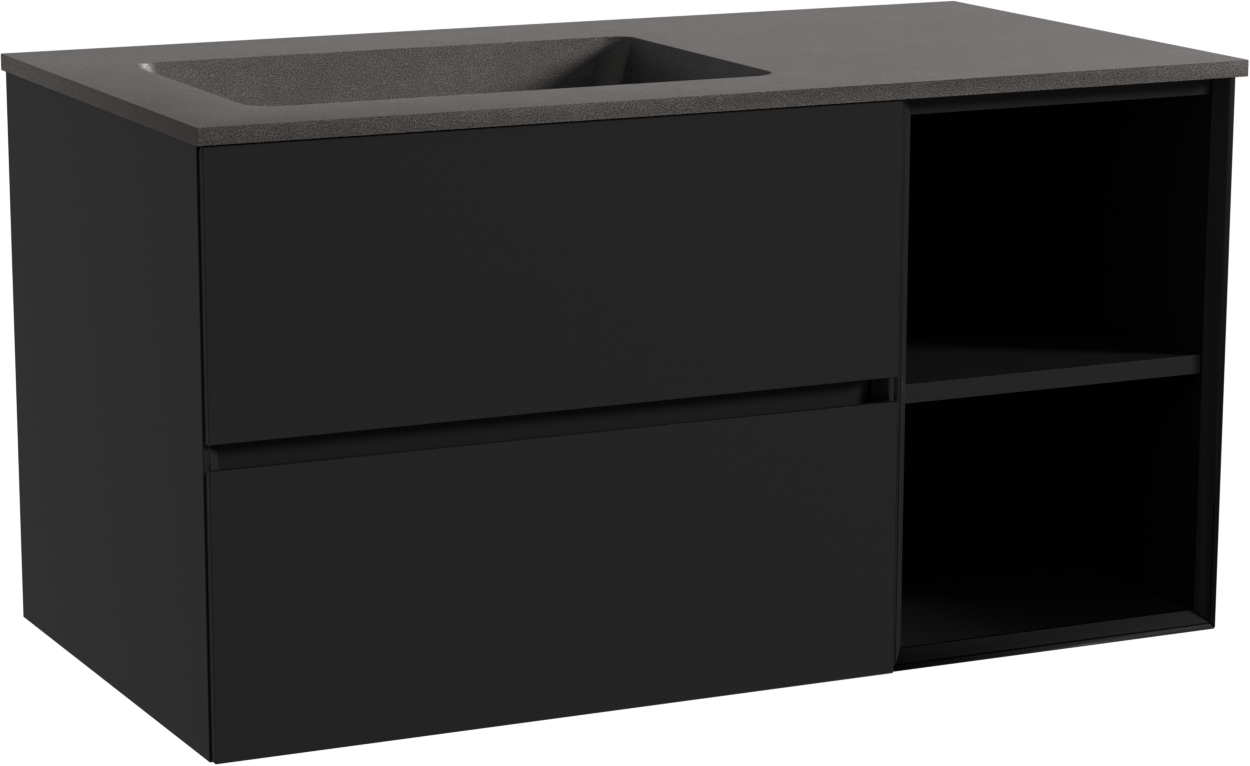 Storke Edge zwevend badmeubel 100 x 52 cm mat zwart met Scuro asymmetrisch linkse wastafel in kwarts mat zwart