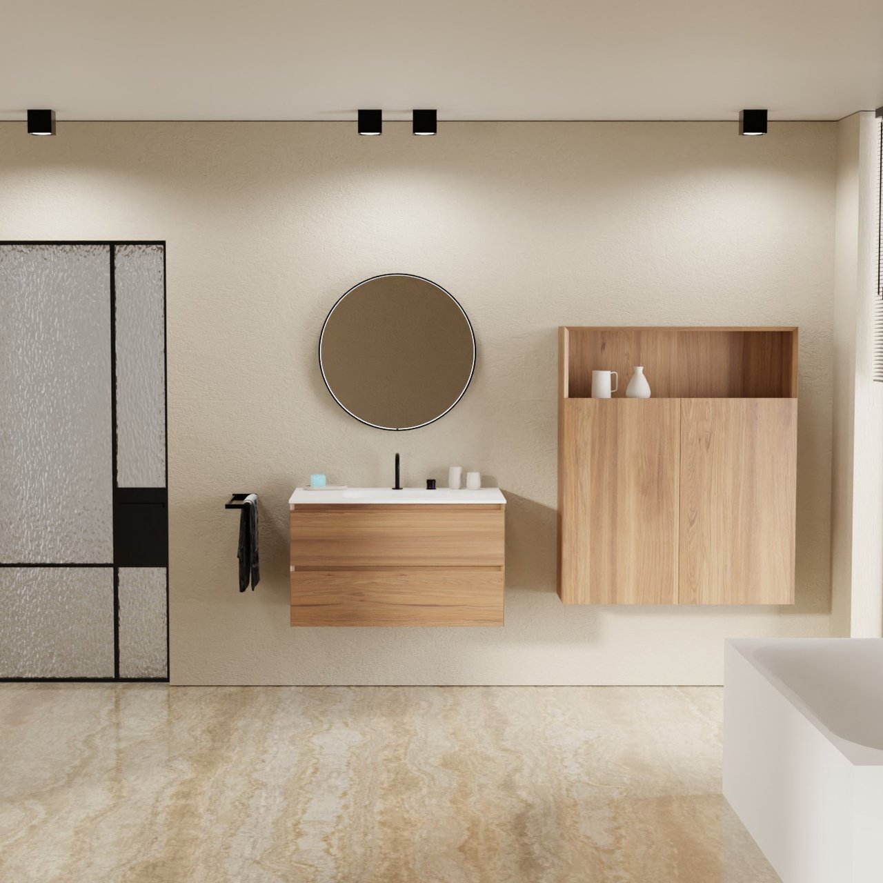 Balmani Mitra zwevend badkamermeubel 90 x 55 cm teak met Tablo Arcato enkele wastafel in solid surface mat wit
