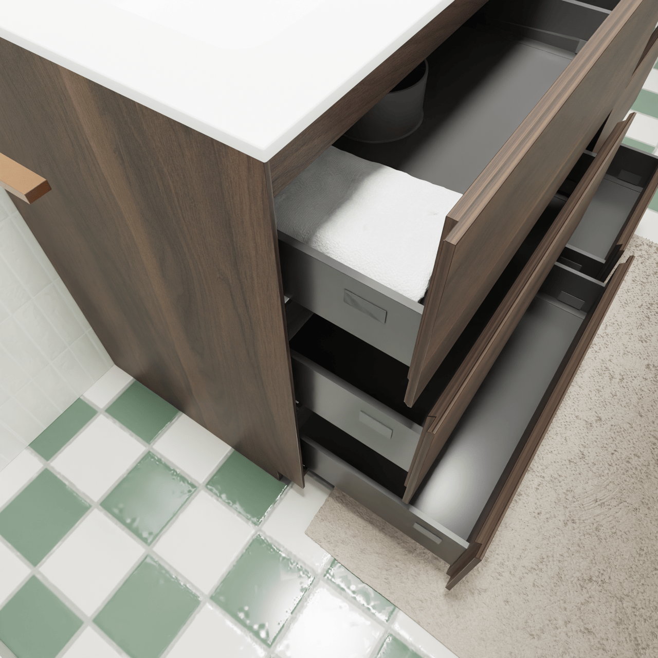 Storke Edge meuble salle de bains à poser 130 x 52 cm noyer avec Mata plan vasque asymétrique à gauche en solid surface blanc mat