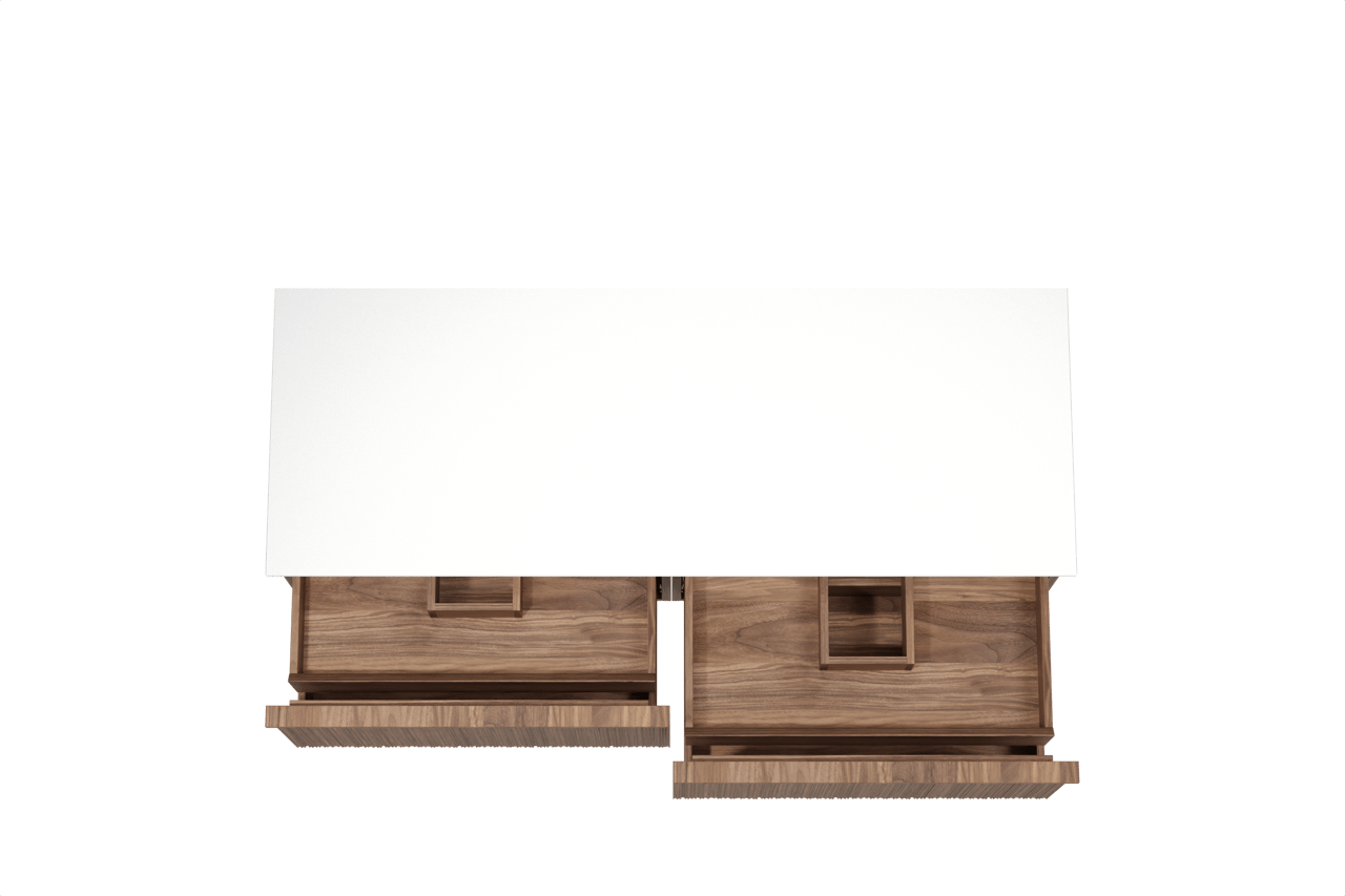 Balmani Forma hängendes Möbelstück Set: 150 x 55 cm, Amerikanischer Nussbaum, mit Stretto Einzel- oder Doppel Waschtischplatte, Solid Surface, Weiß matt, Vertikale asymmetrische Runde Rippe