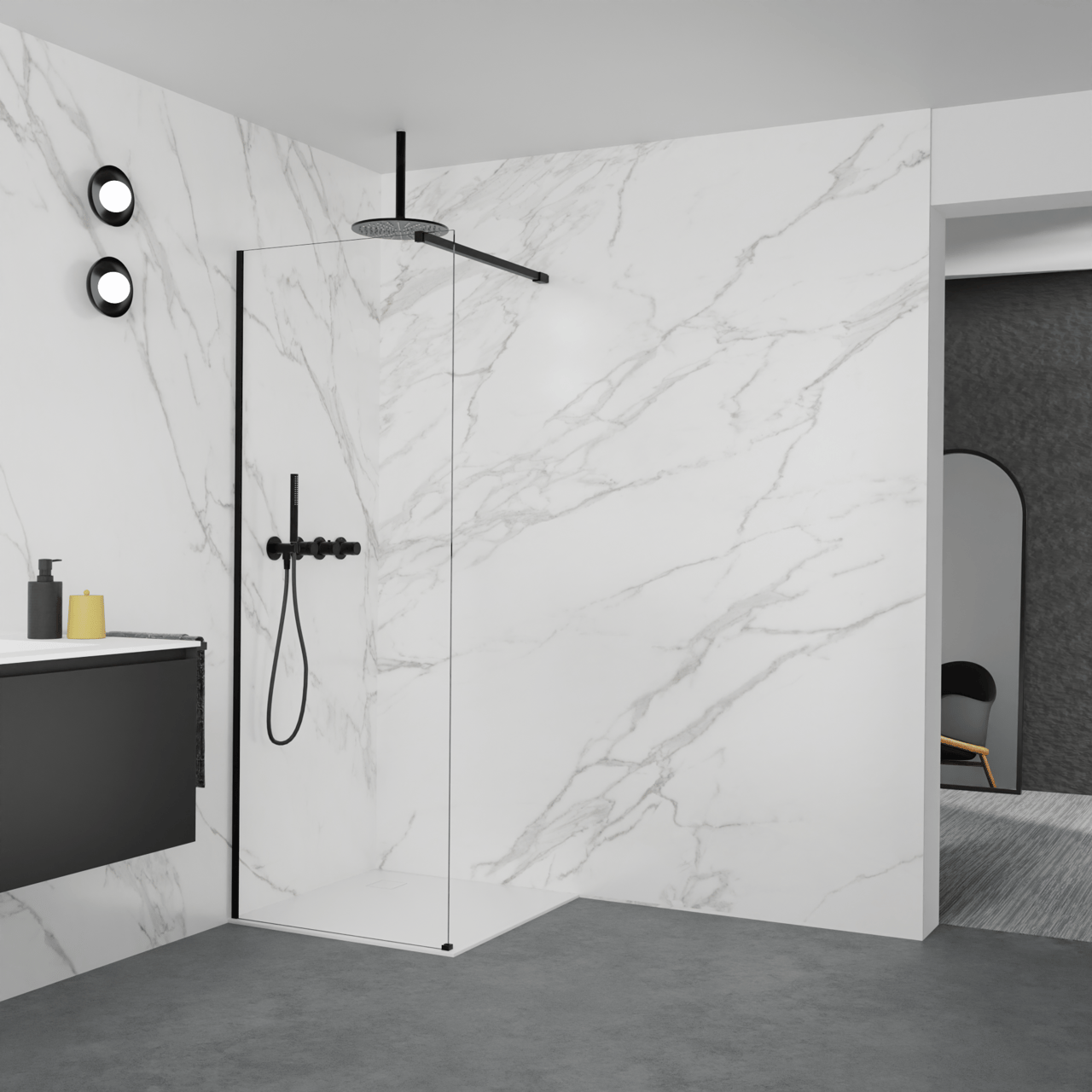 Balmani Modular inloopdouche: 80 x 200 cm, Extra helder glas met coating, Mat zwarte profielen