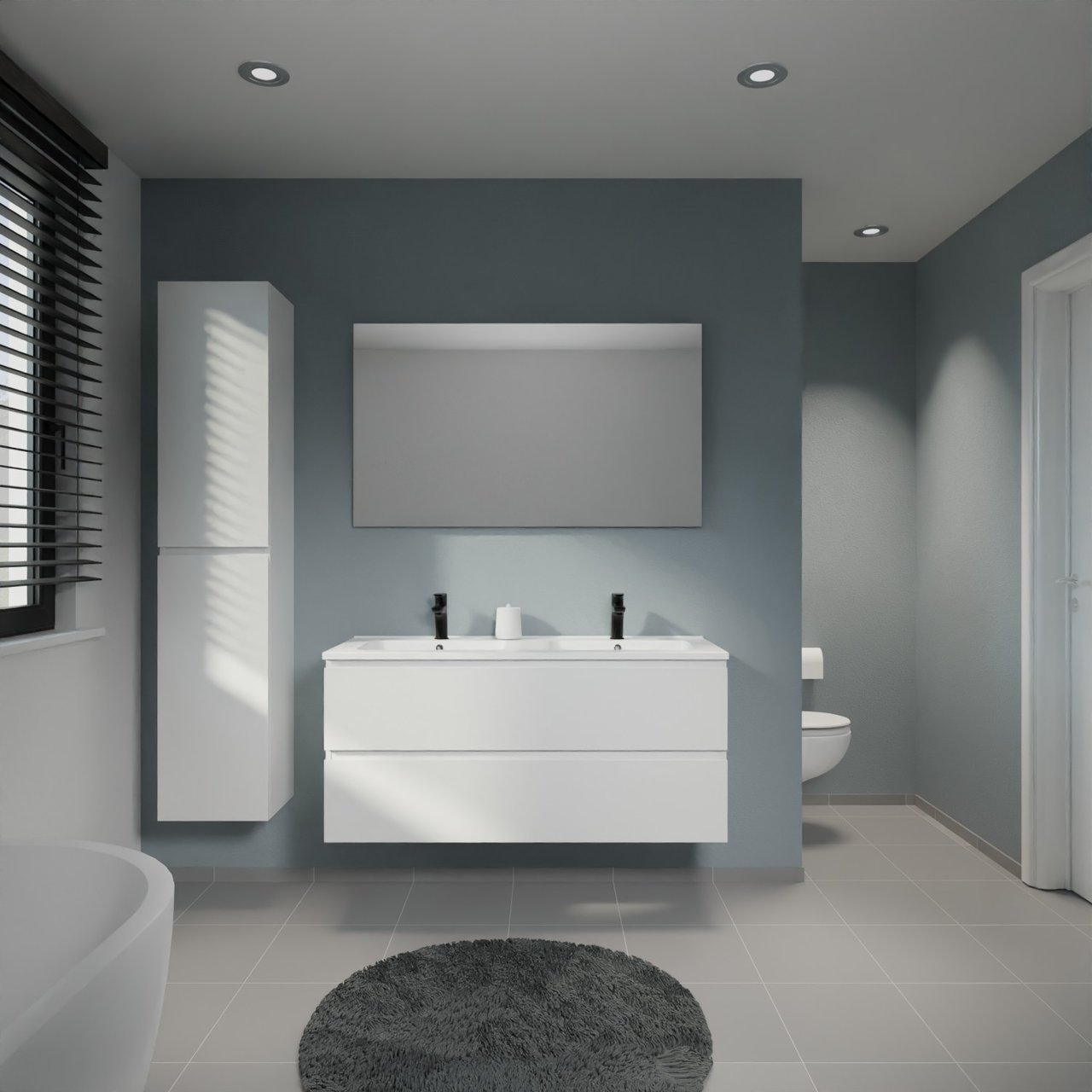Linie Lado meuble salle de bains suspendu 120 x 46 cm blanc mat avec Vano double vasque en marbre composite blanc mat