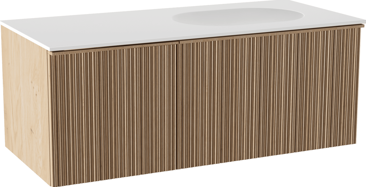 Balmani Forma zwevend badmeubel 120 x 55 cm naturel eiken met Tablo Oval asymmetrisch rechtse wastafel in solid surface mat wit, Verticale asymmetrische ronde ribbel