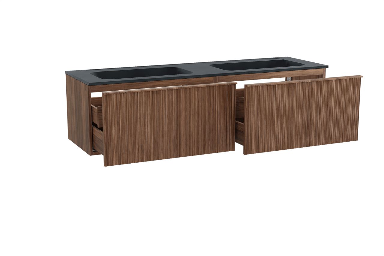 Balmani Forma zwevend badmeubel 180 x 55 cm amerikaans notenhout met Tablo Strada dubbele wastafel in composietmarmer mat zwart, Verticale asymmetrische ronde ribbel