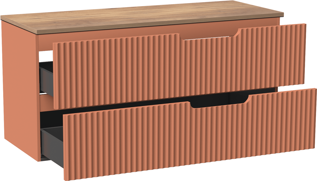 Linie Ribbo zwevend badmeubel 120 x 46 cm cotto met Lado enkel of dubbel wastafelblad in melamine naturel eiken, Verticale symmetrische ronde ribbel
