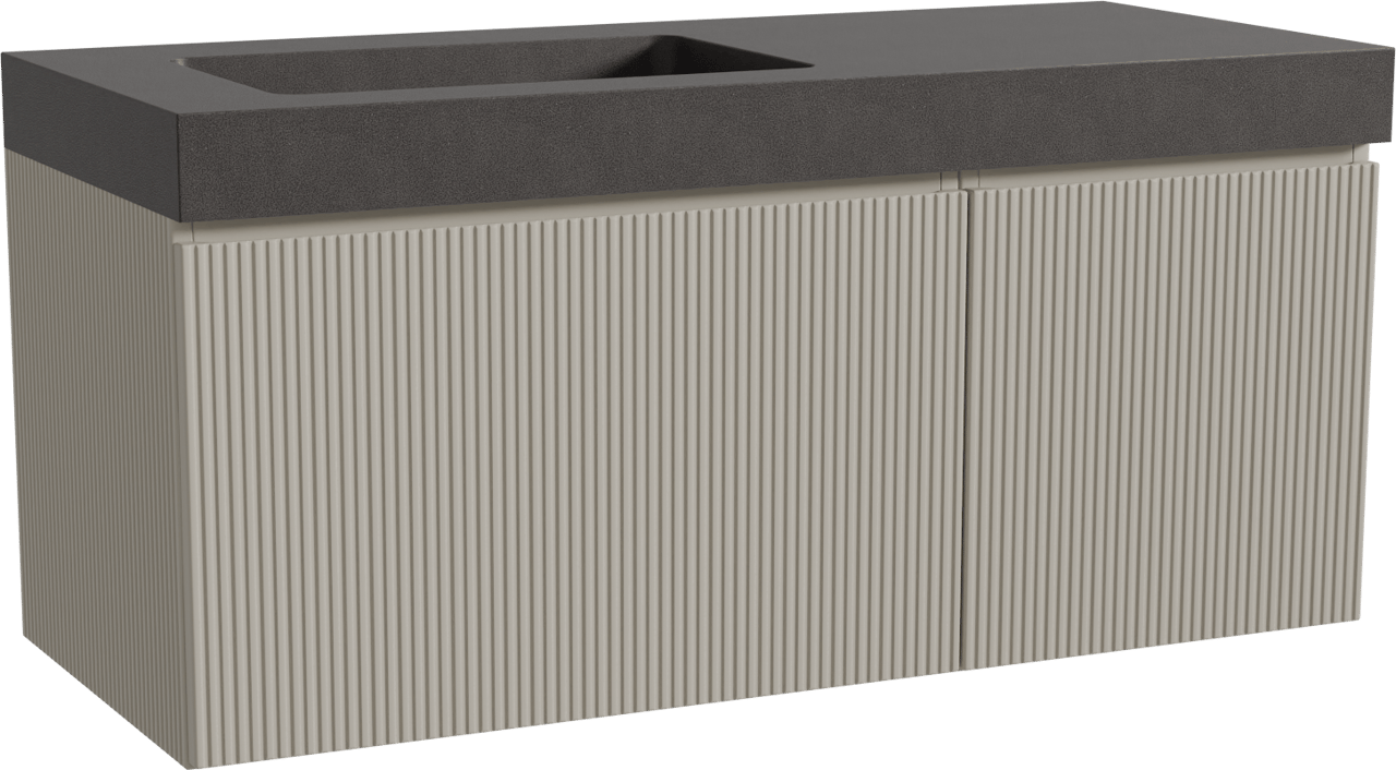 Storke Ribs zwevend badkamermeubel 120 x 52 cm zijdegrijs met Scuro High asymmetrisch linkse wastafel in kwarts mat zwart, Verticale symmetrische rechte ribbel