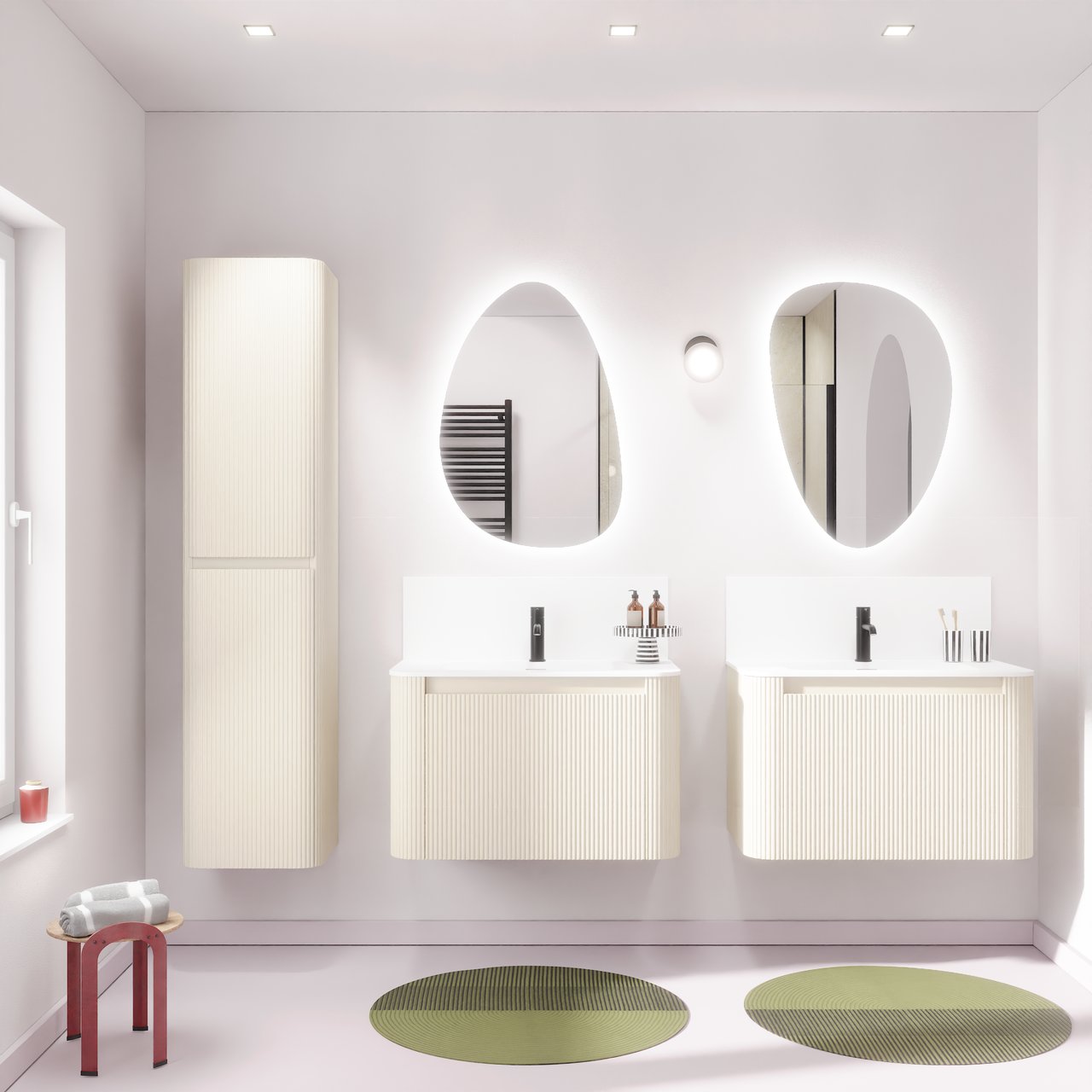 Storke Soft hängendes Möbelstück Set: 80 x 46 cm, Sand Matt, mit Mata Soft Einzelwaschtisch Solid Surface Weiβ matt, Vertikale symmetrische gerade Rippe
