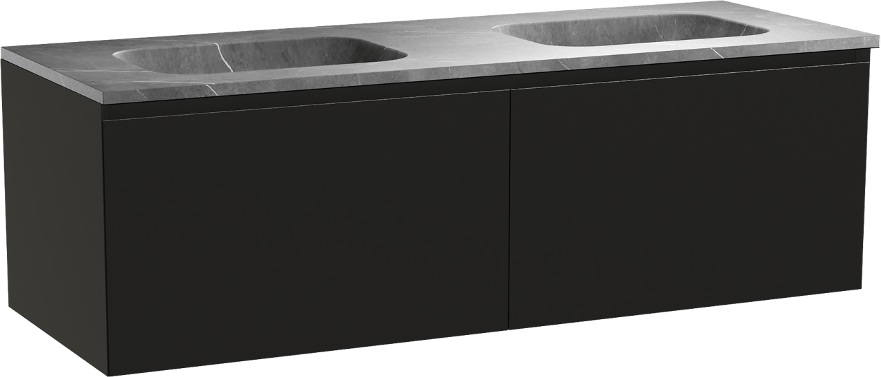 Balmani Idra by Mitra zwevend badmeubel 150 x 55 cm mat zwart met Tablo Arcato dubbele wastafel in marmer pietra grey