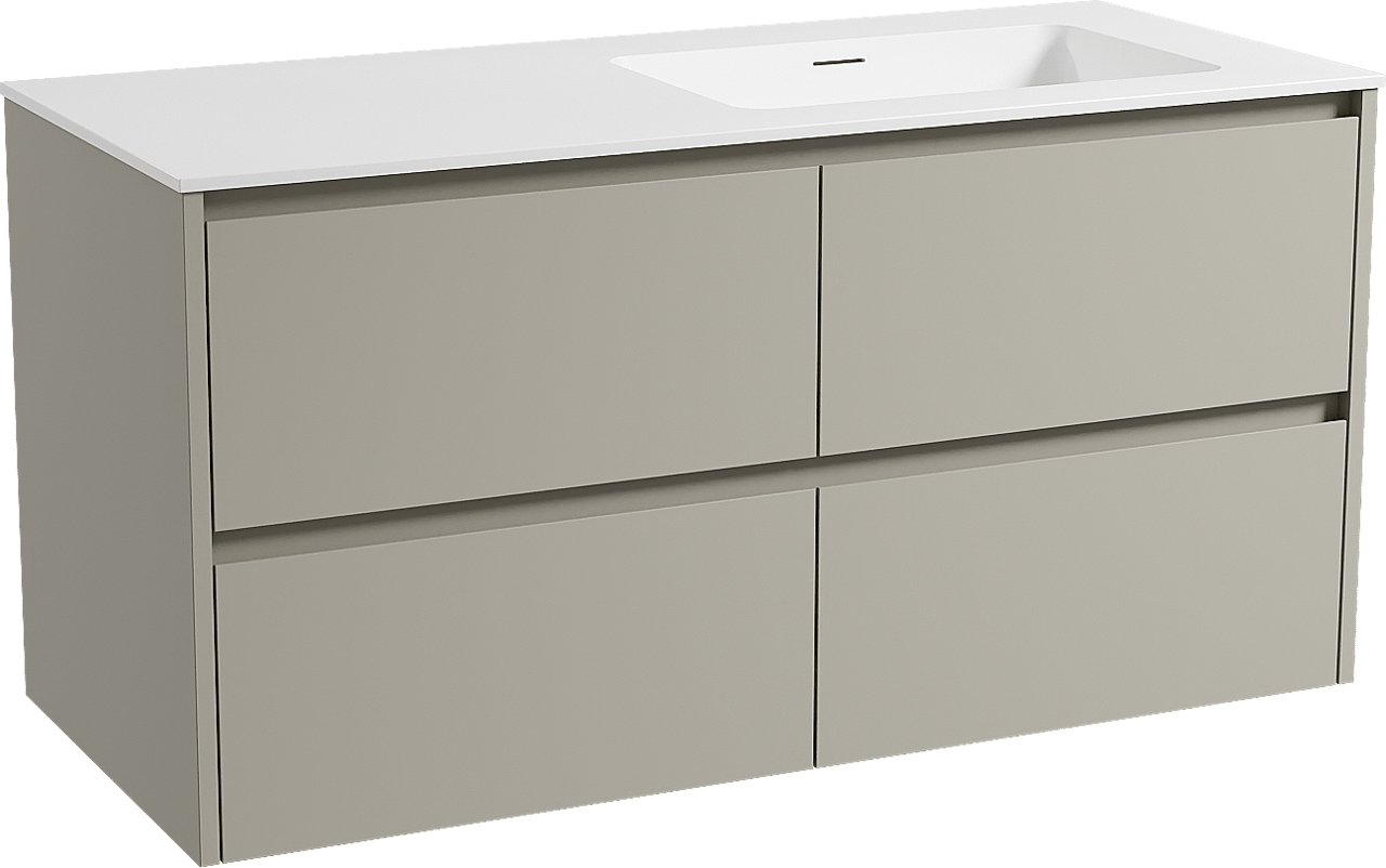 Storke Seda zwevend badkamermeubel 120 x 52 cm zijdegrijs met Mata asymmetrisch rechtse wastafel in solid surface mat wit