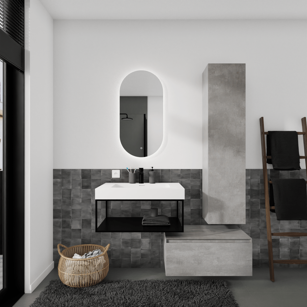Storke Edge Modulo hängender Waschbeckenunterschrank: 75 x 48 cm, Beton dunkelgrau, 1 Schublade