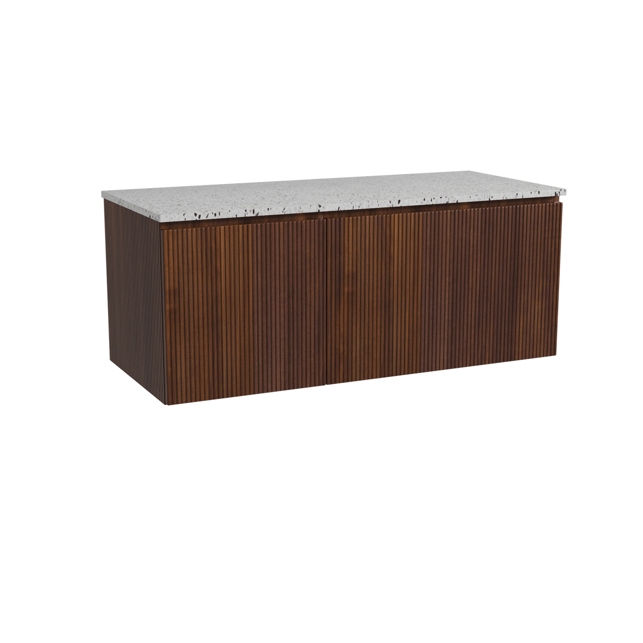 Storke Ribs zwevend badmeubel 120 x 52 cm notenhout met Tavola enkel of dubbel wastafelblad in mat wit/zwart terrazzo, Verticale symmetrische rechte ribbel