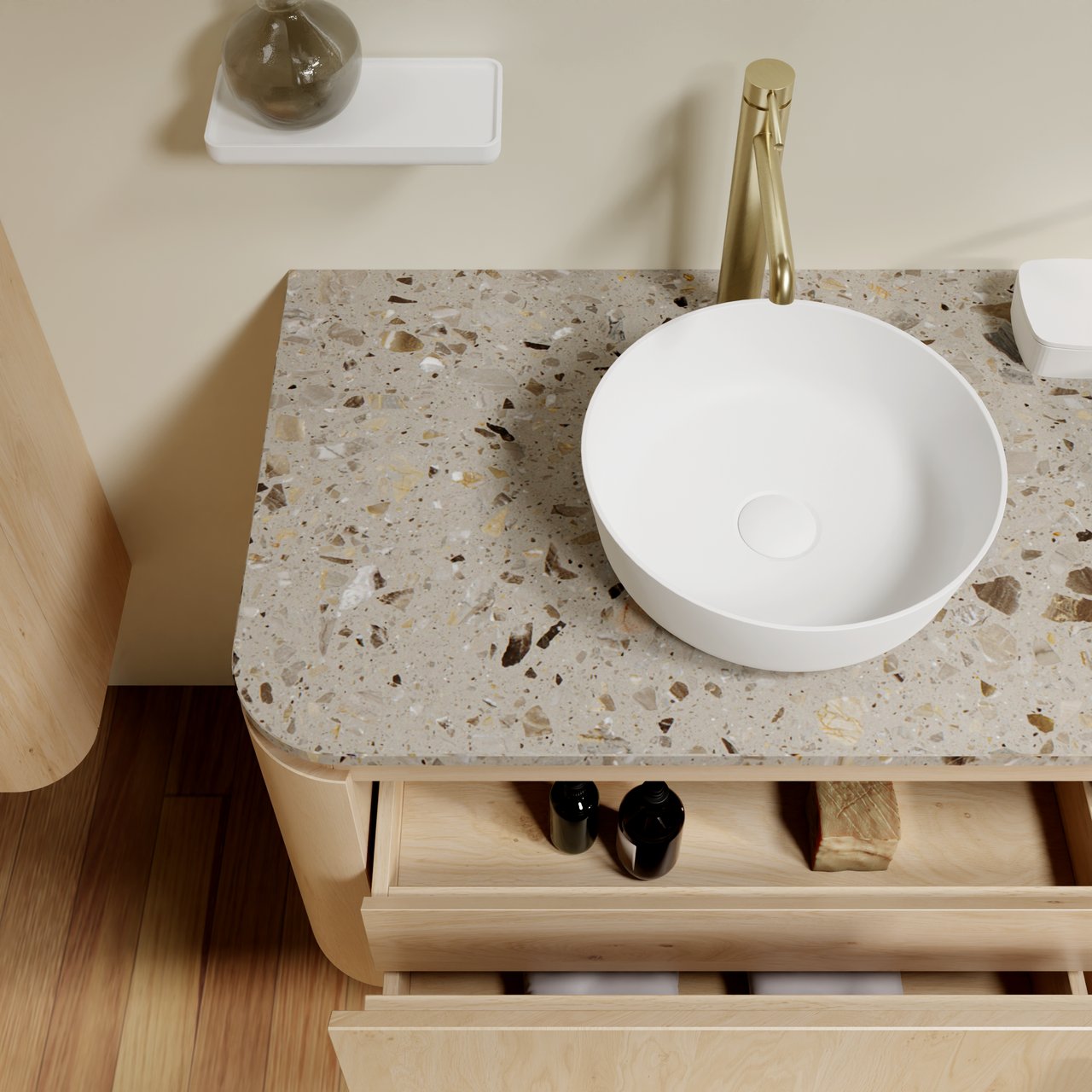 Balmani Moon hängendes Möbelstück Set: 160 x 55 cm, Naturbelassene Eiche, mit Moon Einzel- oder Doppel Waschtischplatte, Terrazzo in Greige