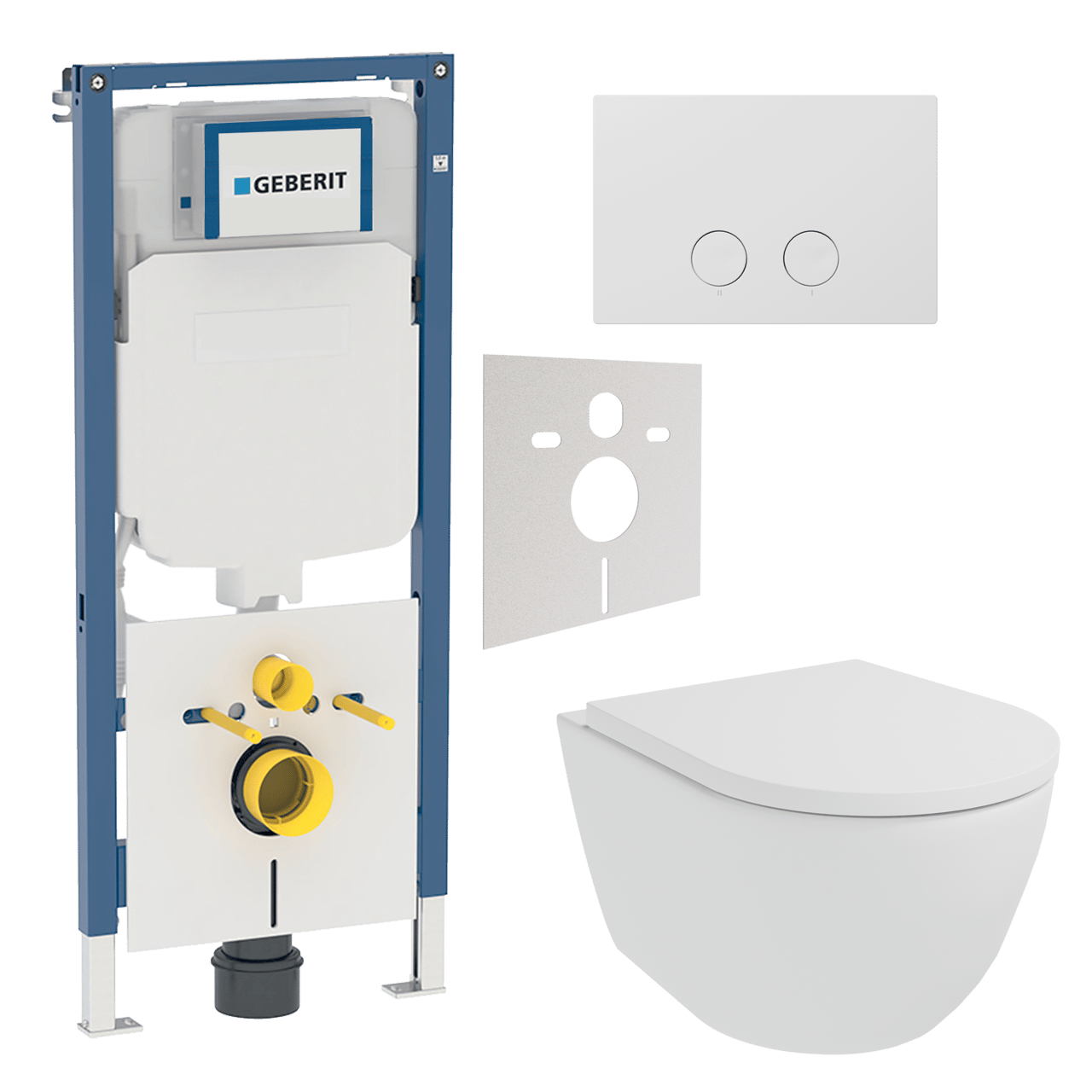 Luca Varess Moreno wc suspendu blanc mat sans bride SilentFlush avec Geberit Systemfix UP720 bâti-support et plaque de commande