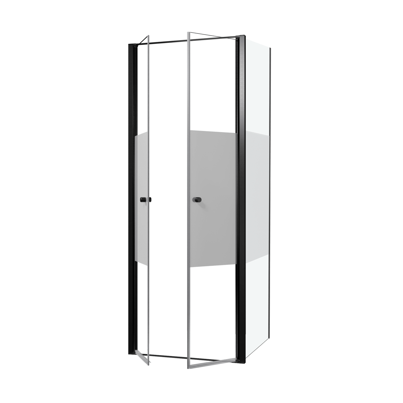 Luca Varess Kuresa douche d'angle porte battante avec paroi latérale fixe 80 x 90 x 200 cm verre transparent avec bande matte et profil noir mat