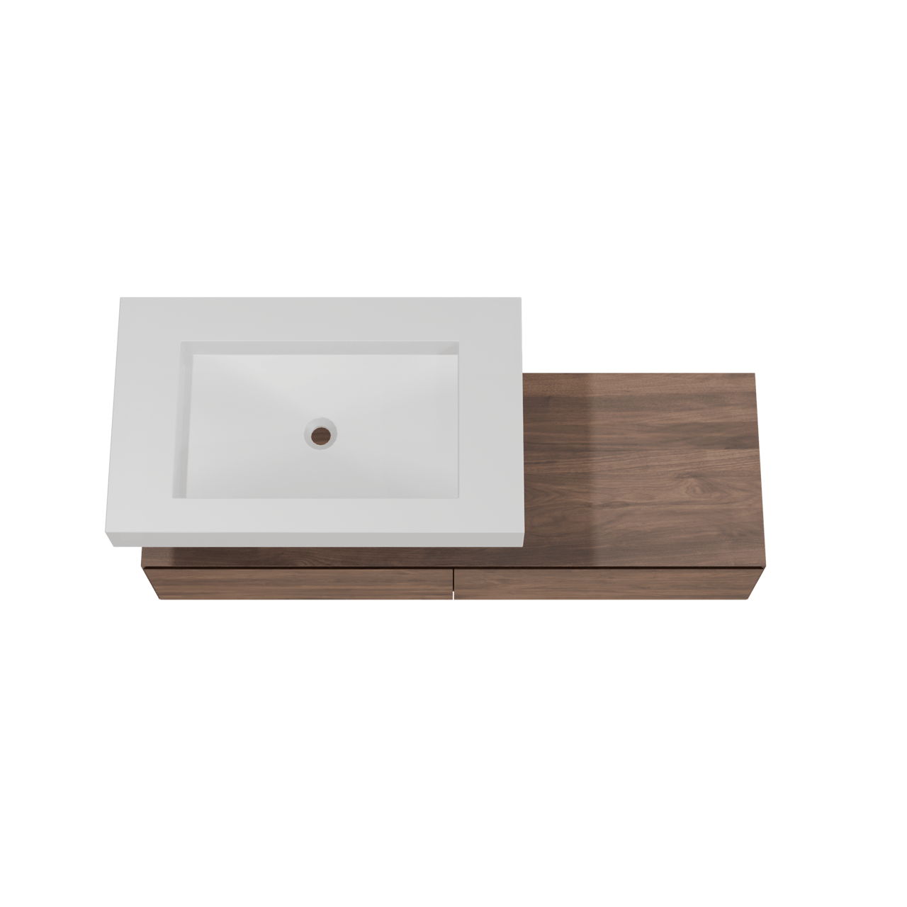 Balmani Mitra Elements hängendes Möbelstück Set: 150 x 55 cm, Amerikanischer Nussbaum mit Modus Einzelwaschtisch 90 cm, Solid Surface Weiß matt