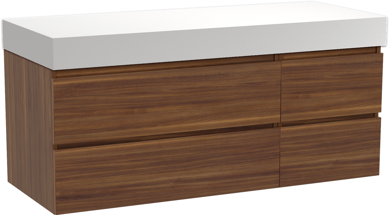 Balmani Lucida meuble salle de bains suspendu 135 x 55 cm noyer américain avec Dominus tablette simple ou double en solid surface blanc mat