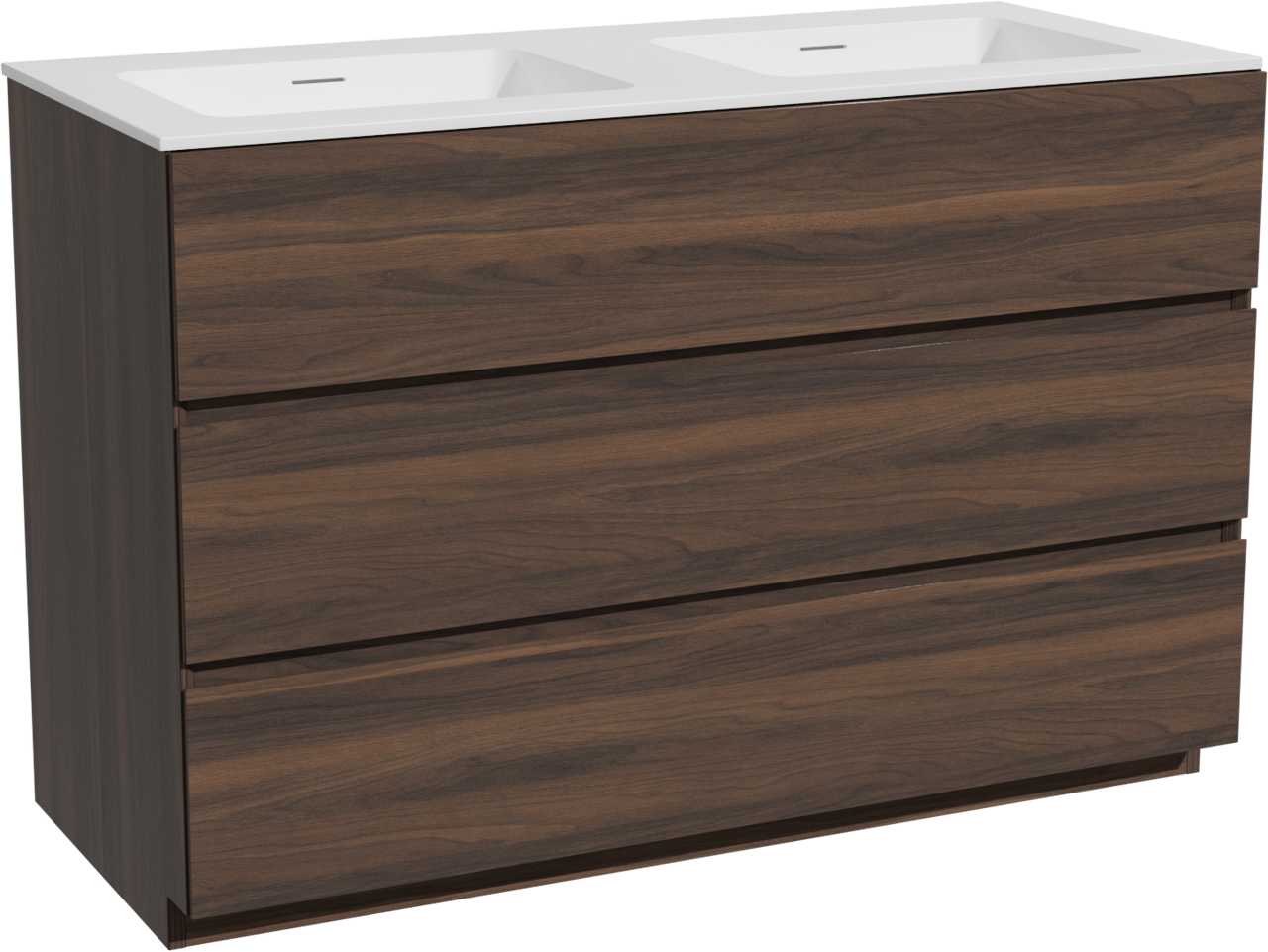 Storke Edge freistehendes Möbelstück Set: 120 x 52 cm, Nussbaum, mit Mata Doppelwaschtisch, Solid Surface Weiß matt